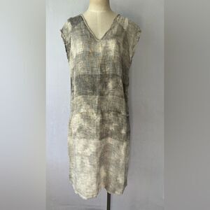 Sita Murt sleeveless print shift dress 100% linen cream printed cutout back 10
